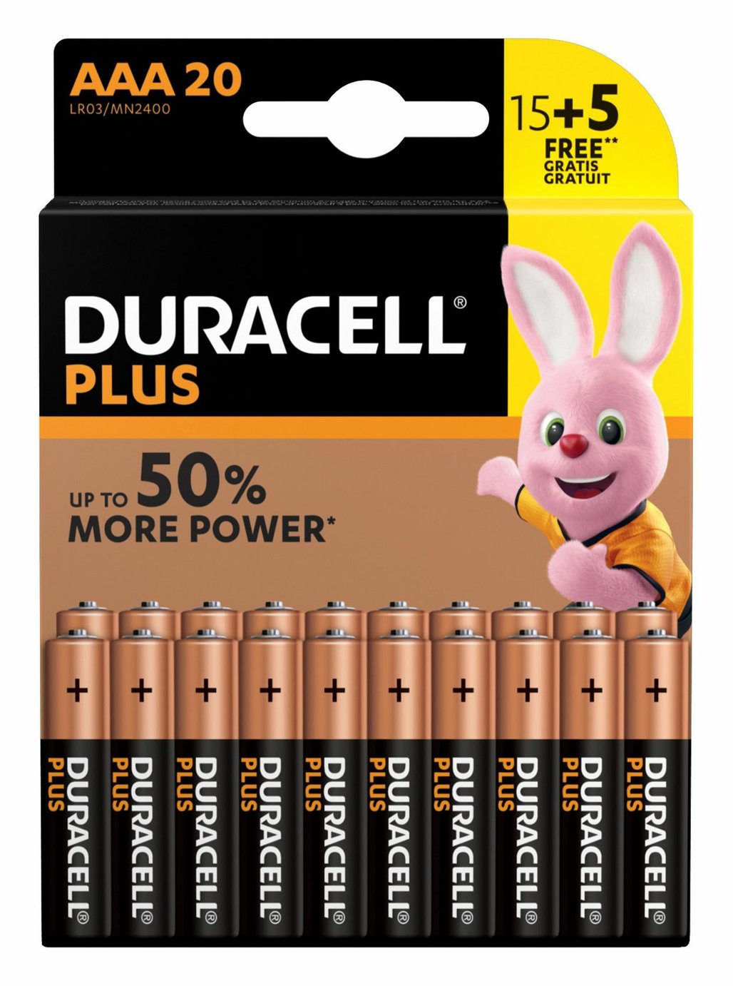 DURACELL Blister de 15 + 5 piles plus power 1.5v LR03