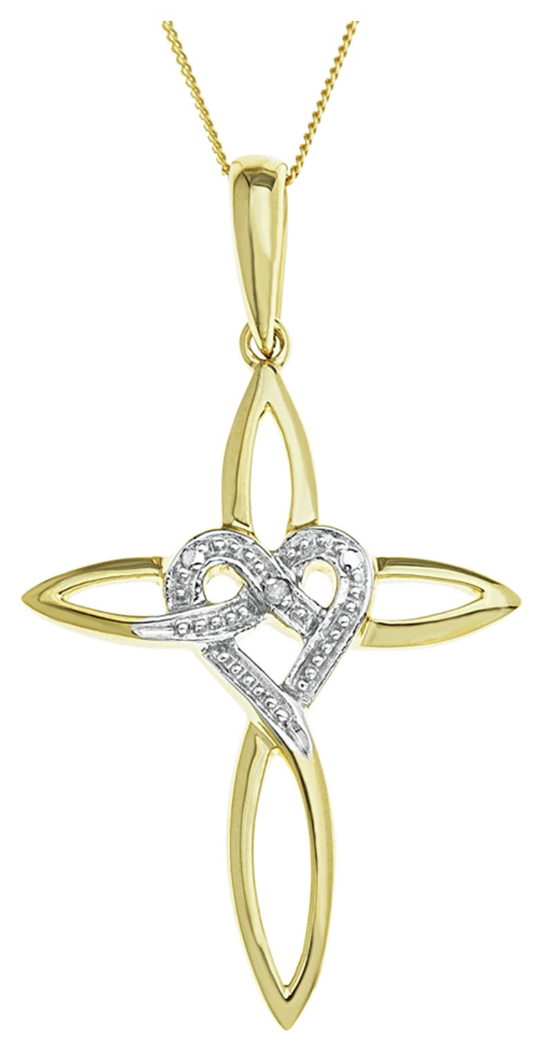 9ct Gold Diamond Set Heart Cross Pendant Necklace