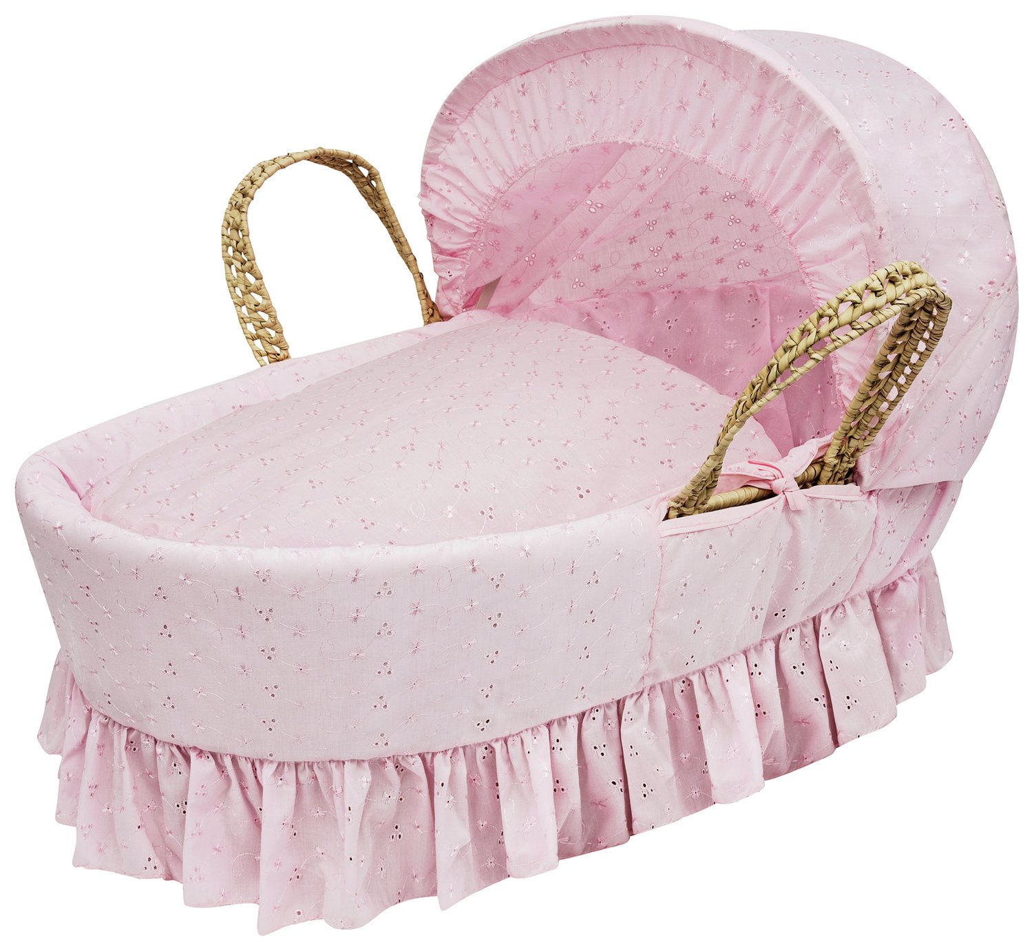 Personalised Embroidered Dolls Moses Basket Pink Broderie Anglaise Toy 