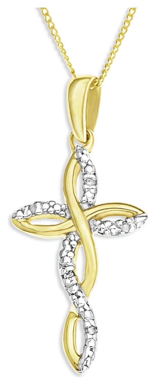 9ct Gold 5 Diamond Set Twist Cross Pendant Necklace