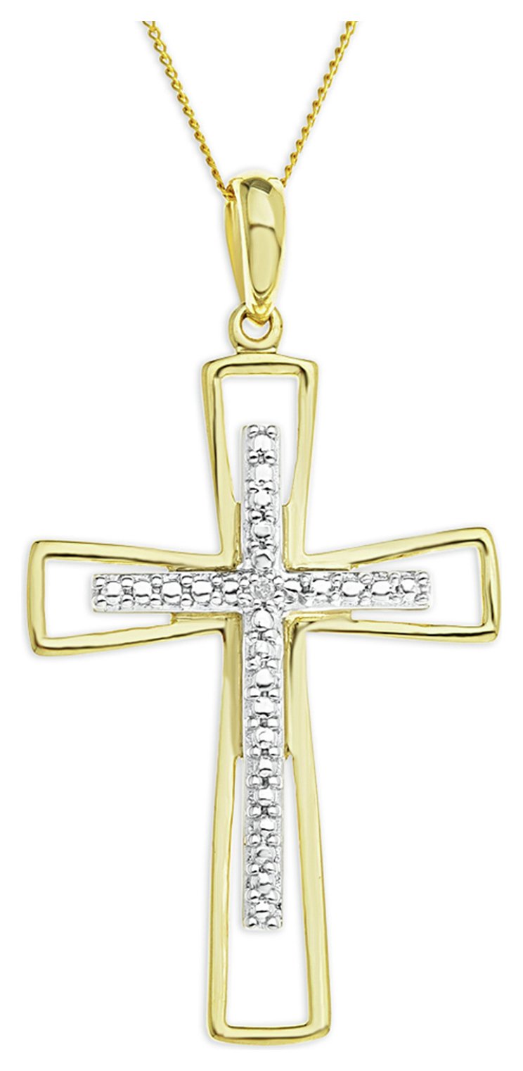 Argos - 9 Carat Gold - Diamond Set Cross Pendant Necklace.
