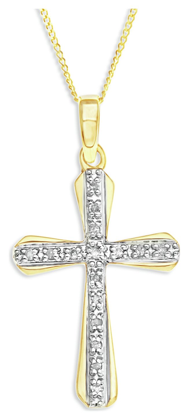 9ct Gold 16 Diamond Set Cross Pendant Necklace