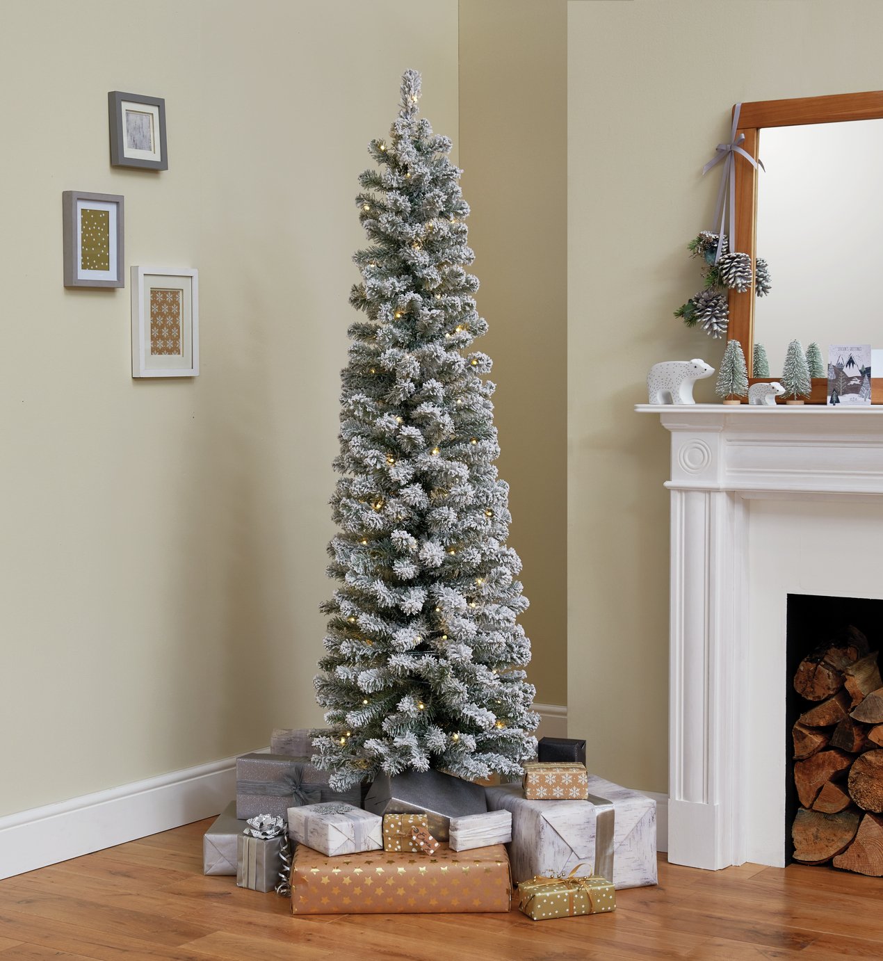 HOME - 6ft Pre-Lit Snow Tipped Pencil Christmas Tree - Green