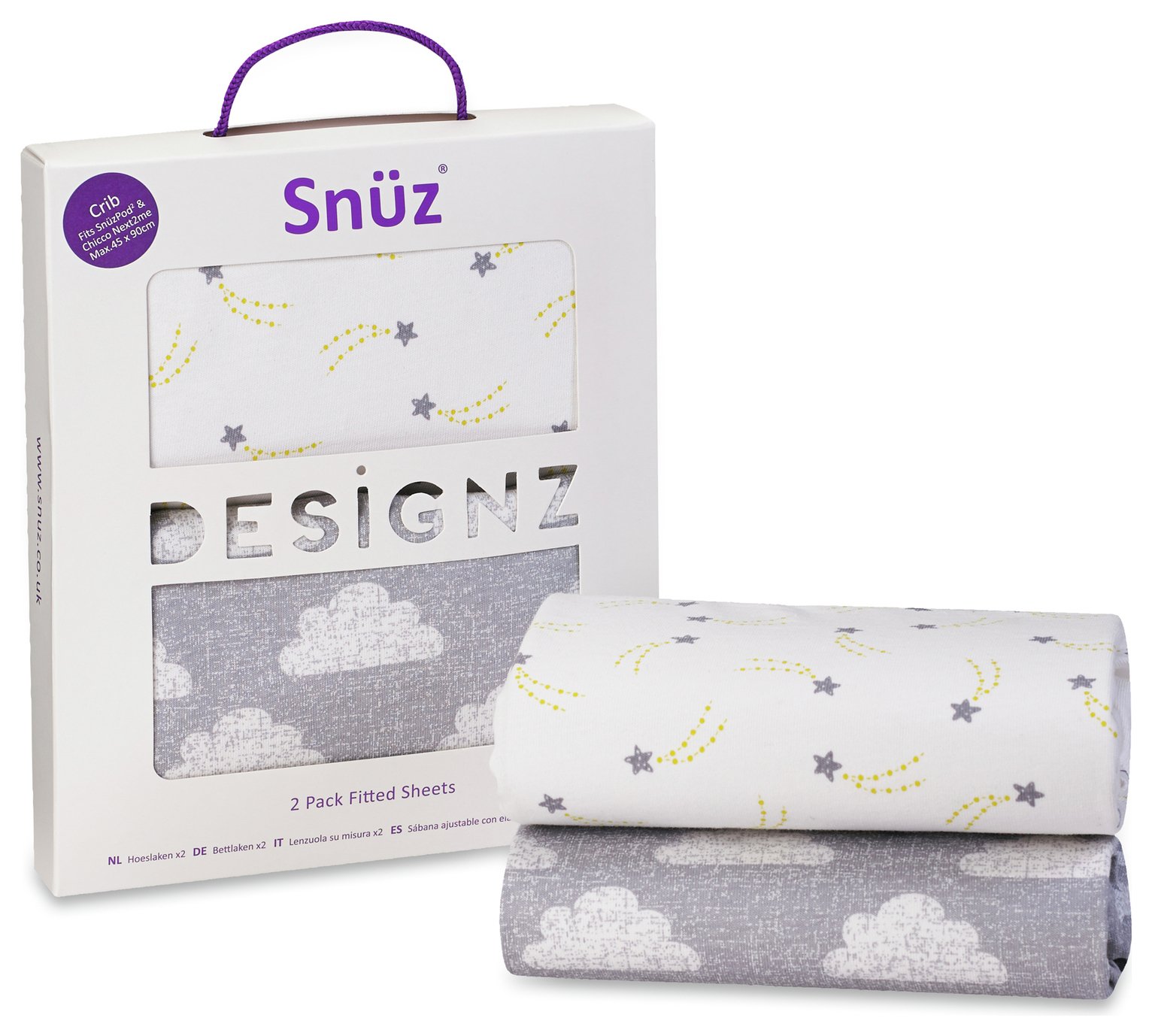Snuz Crib 2 Pack of Fitted Sheets - Cloud 9